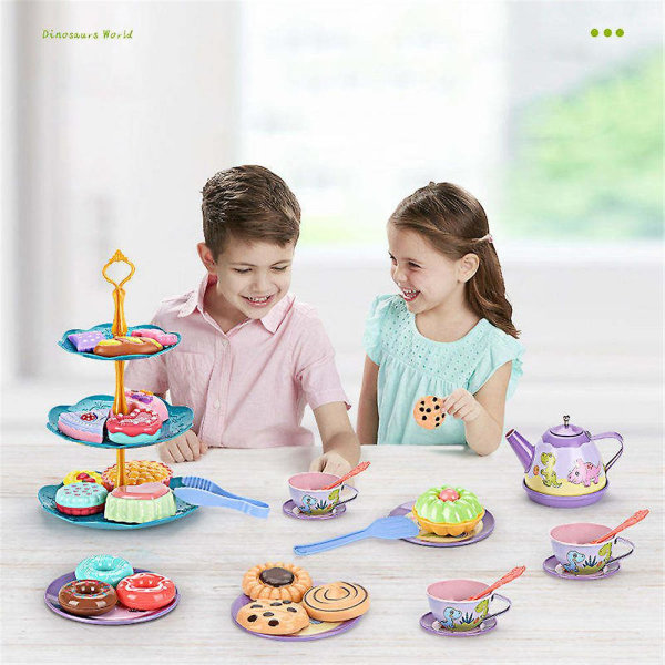 Kids Tea Pretend Toy Set, Princess Tea Party Leksaker Lekset, Tekanna Rätter Efterrätt med case Present för pojkar Flickor Dinosaur