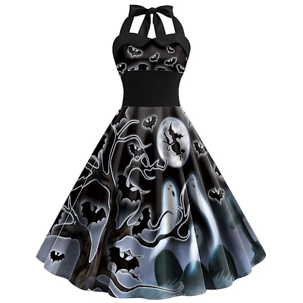 Halloween Dame Græskar Flagermus Spøgelse Skelet Print Ærmeløs Rund Hals Afslappet Kant Kjole COLOR 6 XL