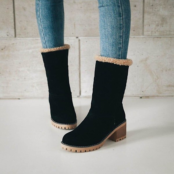 Dame Vinterstøvler Korte Sne Flock Varme Støvletter Sko Slip On Korte Ankel Chunky Hæl Støvler Black 41