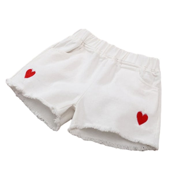 Løse denimshorts til piger med hjertebroderi, afslappede og komfortable shorts til tur, hverdag og hjem White 130cm