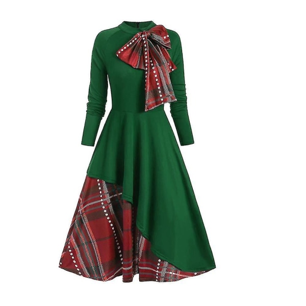 Kvinnor jul rutig rutig klänning Bowknot Xmas A-line svängklänningar Green XL
