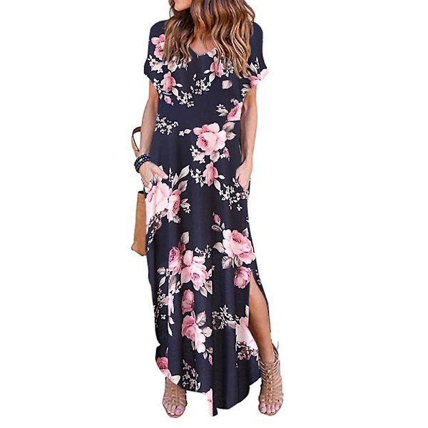 Dame Pullover Strikkjole Kortærmet V-hals Casual Lang Kjole Sommer Strand Ny Peony M
