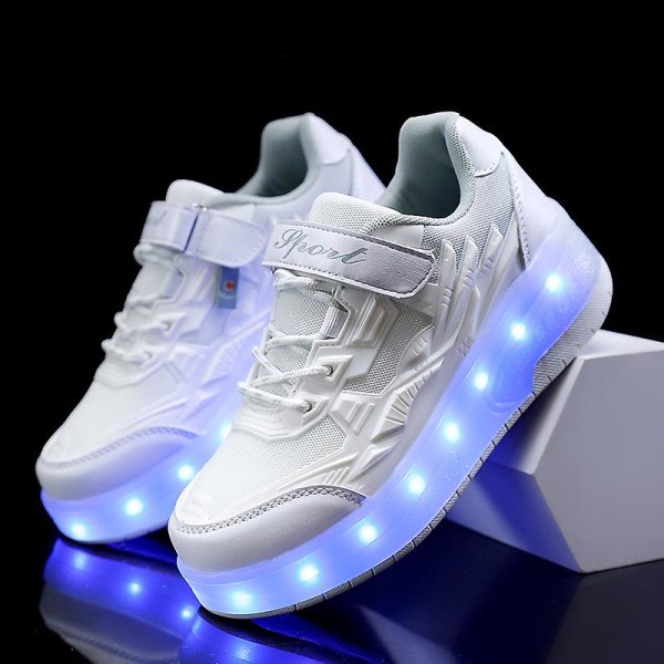 Barn To Hjul Lysende Selvlysende Joggesko Rød Rosa Blå LED Lys Rulleskøyte Sko Barn LED Sko Gutter Jenter USB Lading Q7- white 28