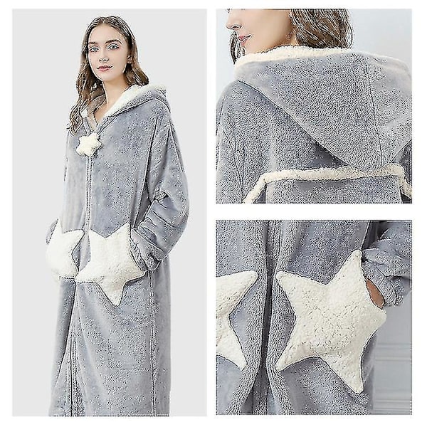 Dam Varm Morgonrock med Huva Mjuk Bekväm Flanell Lång Badrock Grey L