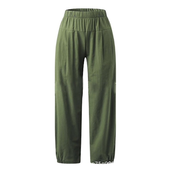 Dame Ensfarvede Elastiske Løse Cropped Bukser Sommer Casual Lange Bukser Army Green XL