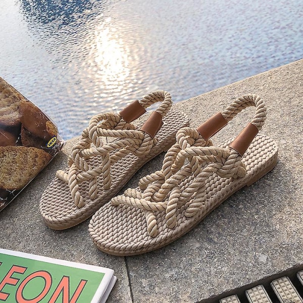 Gladiatorsandaler for kvinner, sommer, flettet tau, plattformhæl, tykk såle, elastisk frontreim, fritidssko i romersk stil, sommer for damer Black 40