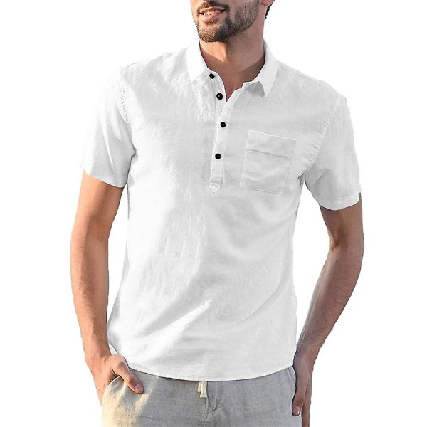 Herr Enfärgad Business Kortärmad Lapel T-shirt Toppar Sommar Casual Pikétröjor White L