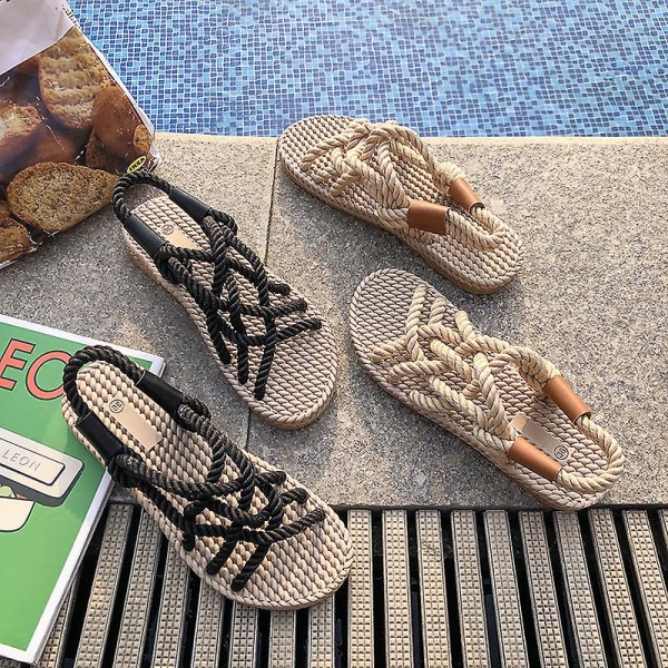 Gladiatorsandaler för kvinnor sommar flätat rep plattform klack tjock sula elastisk främre rem Rom fritidsskor dam sommar Black 40