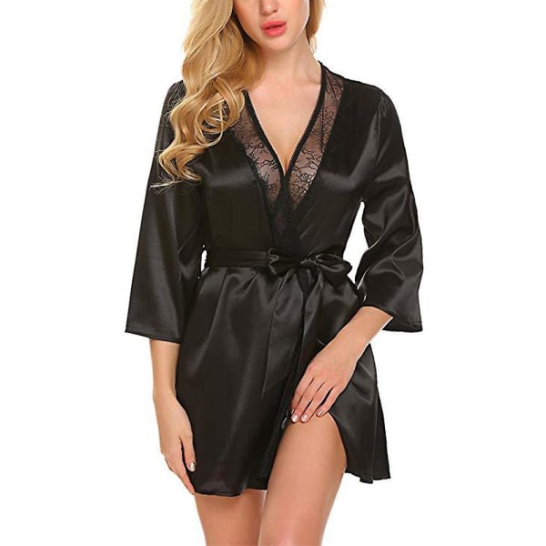 Sexy Dame Langermet Åpen Front Morgenkåper Med Belte Sovekåper Nattøy Black M