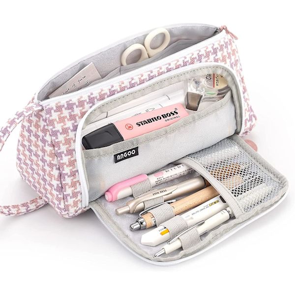 Stor Penalhus Lærred Høj Stor Opbevaringspose Marker Pen Etui Simpel Papirtaske Skole College Kontor Organizer Til Teenagere Piger Voksne Plaid Pink 8.27 x 4.13 x 1.4 inches