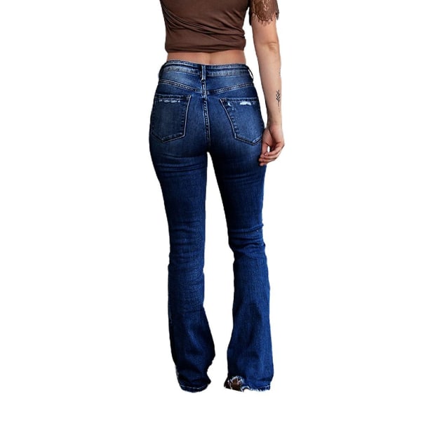 Kvinnor Rippade Skinny Utsvängda Jeans Byxor Bootcut Denim Byxor Casual Stretch Jeggings Dark Blue 2XL