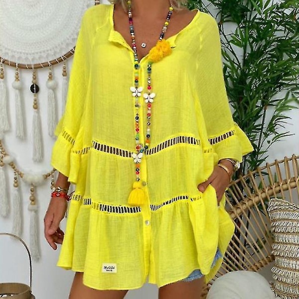 Naisten puuvilla-pellava ontto röyhelöinen pusero tunika topit paita plus-koko Yellow 4XL