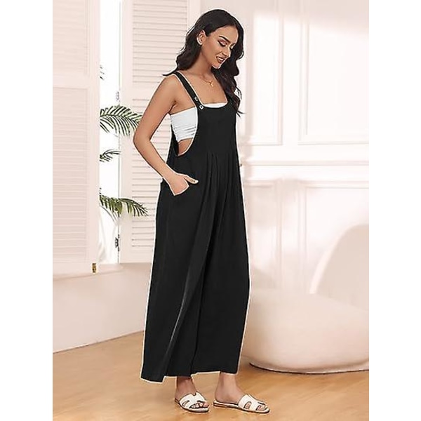 Dame Arbeidsklær Bukser, Jumpsuit med Vide Ben, Casual Bukser med Skulderstropper, Sommer Jumpsuit, Genser, Løs Ermeløs Skulderstropp, Klær med Lommer Black XL