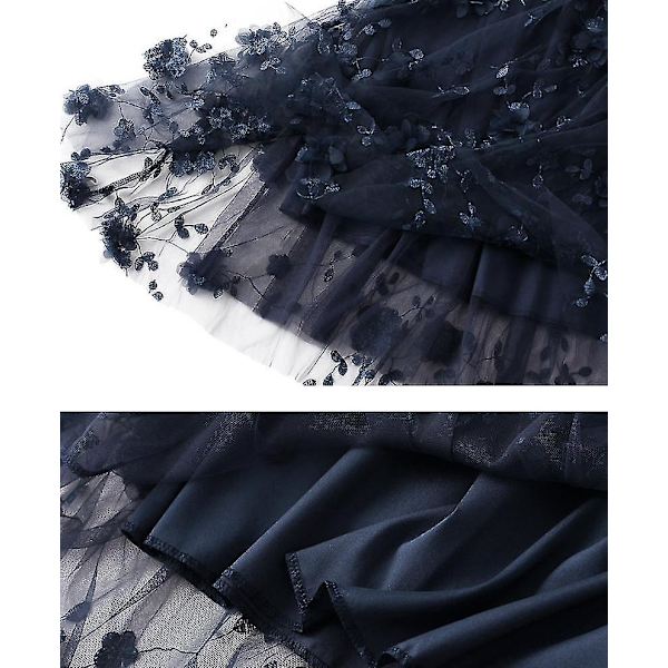 Kvinnors Mesh Broderi Halvlång Kjol Garn Kjolar A-linje Konst Hög Midja Lång Kjol Navy Blue