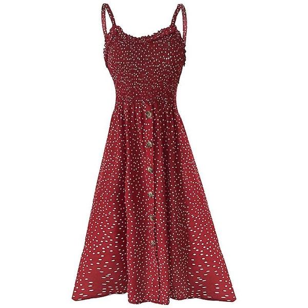 Dam Sommar Prickig Midi Klänning Semester Bälte Strand Gunga Lös Sundress Red L