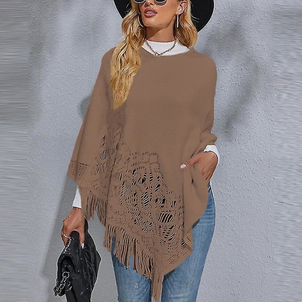 Dam Långärmad Poncho Tröja Ledig Arbets Pullover Cape Vinter Varm Stickad Kappa Khaki M