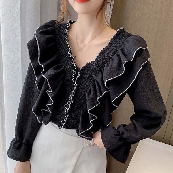 Dame Skjorte Bluse Topp Lang Utsvingt Erme Rynke Volang V-hals Casual Prinsesse-3 Black M(UK 8)