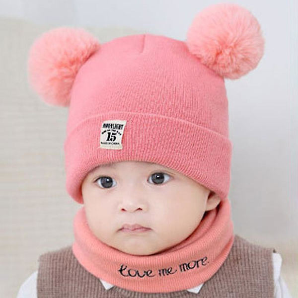 Stickad Babymössa med Pom Pom Tofs och Snood Halsduk Pojke Flicka Småbarn Mössa Set Pink