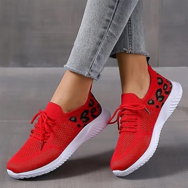 Dam Snörskor Casual Skor Andningsbara Flygande Vävda Leopard Sportskor Red 43