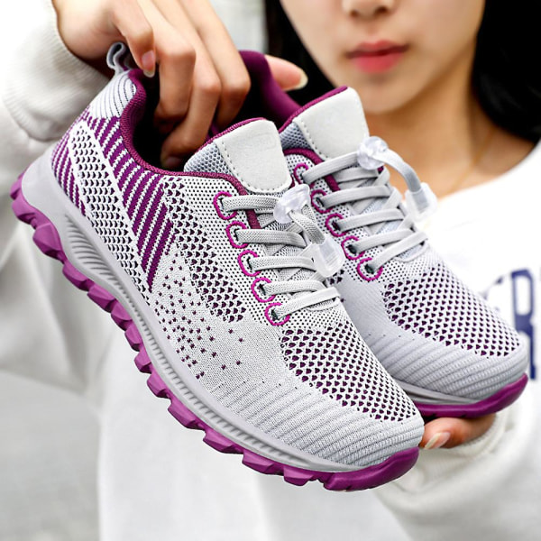 Dame Snøresko Mesh Pustende Casual Løping Fitness Gym Joggesko Myk Såle Gåsko Sportssko Light Grey 39