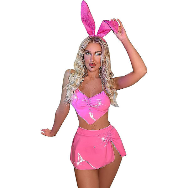 Dam Holografiska Glänsande Rave Outfits Metallisk Wetlook Pvc Läder Kedja BH Topp Utsvängd Mini Kjol Hårband Kaninkostym Festival Clubwear Hot Pink S