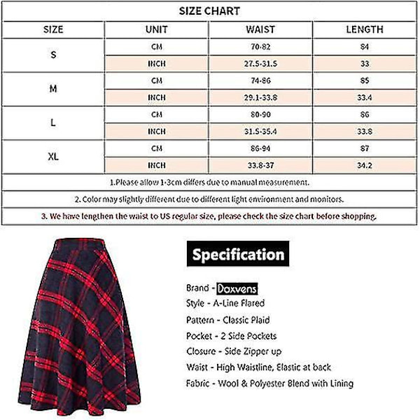 Dam Hög Elastisk Midja Maxi Kjol A-linje Rutig Varm Vinter Utsvängd Lång Kjol L Mid-calf Black*white Medium