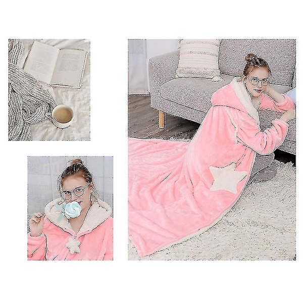 Dam Varm Morgonrock med Huva Mjuk Bekväm Flanell Lång Badrock Pink XL