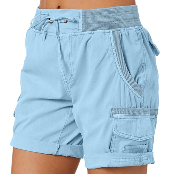 Dam Cargo Shorts Sommar Lös Vandring Bermuda Shorts Med Ficka Dam Shorts Casual Mid Lår Light Blue M