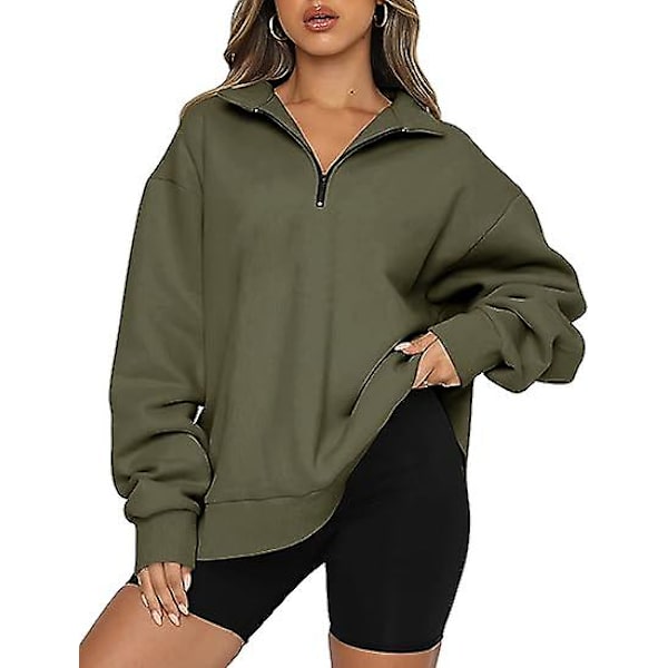 Dame Oversized Sweatshirts Hættetrøjer Halv Lynlås Pullover Efterårsmode Outfits green M