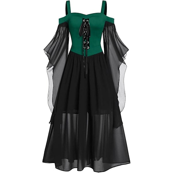 Maxikjole med sommerfugleærmer til kvinder, middelalder punk gotisk tøj, sexet Halloween kostume, kjoler med kolde skuldre og korset C-green X-Large