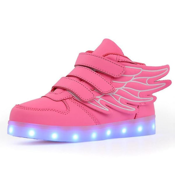 Led Light Up Hi-top Skor Med Ving Usb Laddningsbara Blinkande Sneakers För Småbarn Barn Pojkar Flickor Pink 33