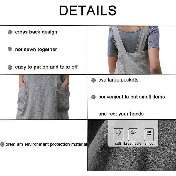Hageforkle for kvinner, kryssryggforkle med lommer, japansk forkle til arbeid, hagearbeid, matlaging, maling, baking 3XL