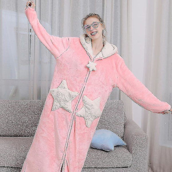 Dam Varm Morgonrock med Huva Mjuk Bekväm Flanell Lång Badrock Pink M