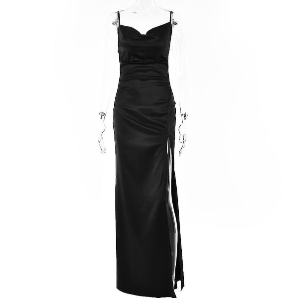 Kvinnors hängslen rygglös slits lång kjol aftonklänning svart L