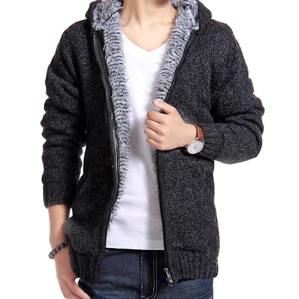 Herre Strikket Fleeceforet Vinter Termisk Sweater Jakke Hætte Outwear Black L