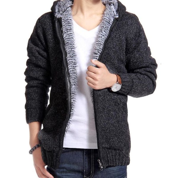 Män stickad fleecefodrad vinter thermal tröja jacka huva ytterkläder Black 2XL