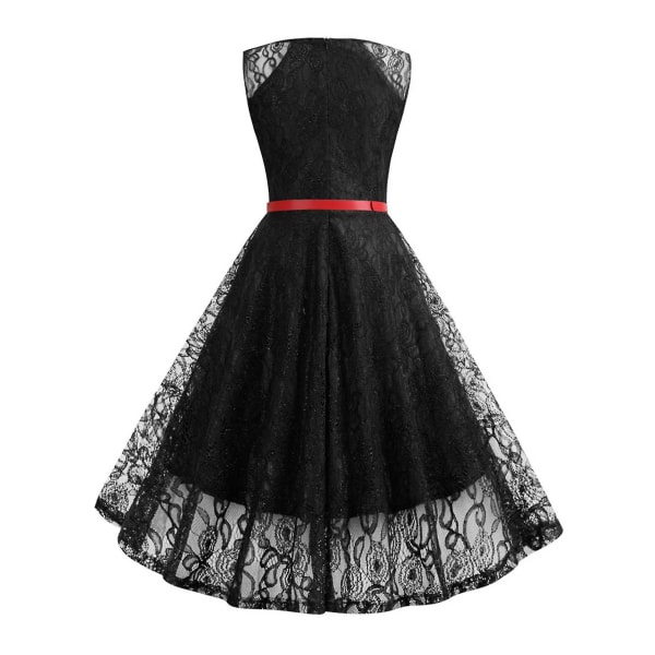 Damspets Retro Rockabilly Midiklänning 50-tal 60-tal Kvällsfest Swing Sundress Svart Black L