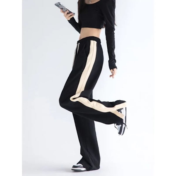 Deeptown Sorte Varma Træningsbukser Dame Vinter Patchwork Baggy Casual Jogging Kvinde Harajuku Vintage Lige Bukser Koreansk stil Sort tynd Black thin L