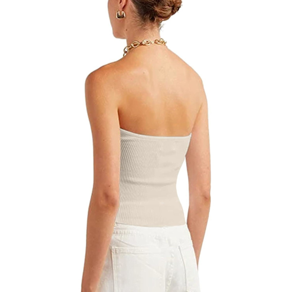 Naisten olkaimeton crop top seksikäs sydänpääntie ribbineulottu kierretty solmu edessä hihaton Camisoletanks toppi beige M