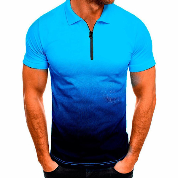 Kortærmet polo-shirts til mænd med gradient Sommer Casual Sports Golf Lynlås V-hals T-shirt Slim Fit Muskeltoppe Navy Blue 2XL