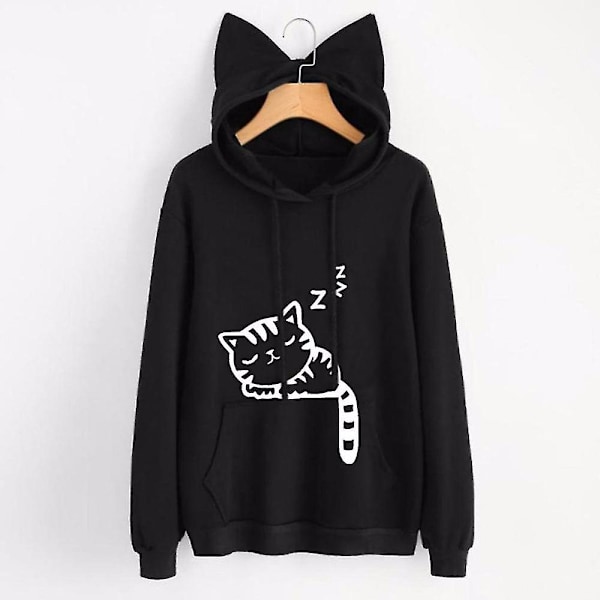 Kvinnor Hoodies Sweatshirt Kawaii Rosa Höst Cartoon Katt Mönster Långärmad Moletom Hoodie Sweatshirts Öra Hooed Mujer 04 Wine Red L