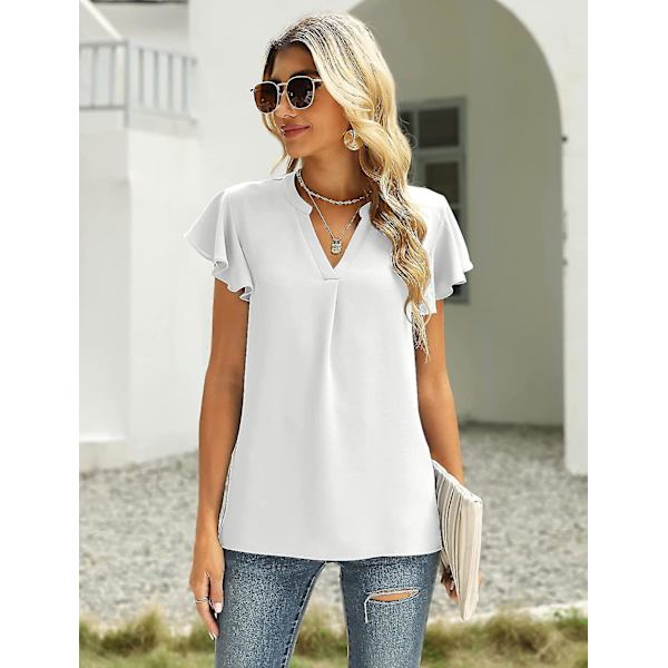 Dam Sommar Casual Delad V-ringning Chiffongblusar Lös Tunika Kortärmade Toppar 02white Medium