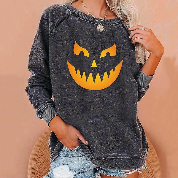 Halloween Kvinnor Casual Sweatshirt Smile Pumpkin Ghost printed Crew Neck Pullover Baggy Tops Dark Gray M