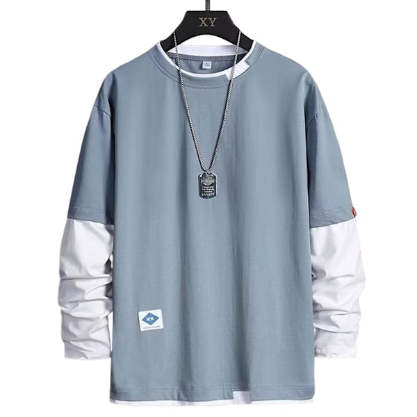 Miesten pyöreäkauluksinen pusero, kontrastivärinen, pitkähihainen T-paita rentoon päivittäiseen käyttöön, juhliin ja kouluun 352 Blue 2XL