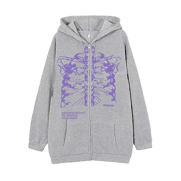 Mörk Sweatshirt med Dragkedja Skelett Hoodie Benprydd Hoodie High Street Hipster Sweatshirt Jacka grey-purple XL