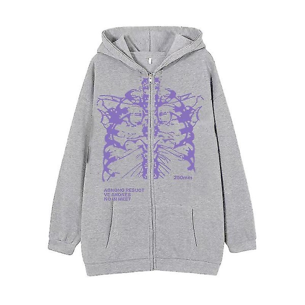 Mørk sweatshirt med lynlås, skelet-hættetrøje, hoodie med knogler, high street hipster sweatshirt jakke grey-purple 2XL