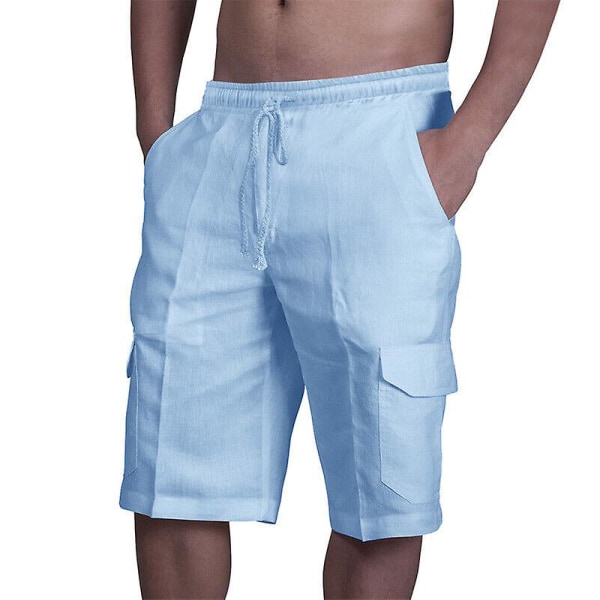Miesten pellava-puuvillasekoitteiset cargo-shortsit, kiristysnyörillä ja joustavalla vyötäröllä - 3 White XL