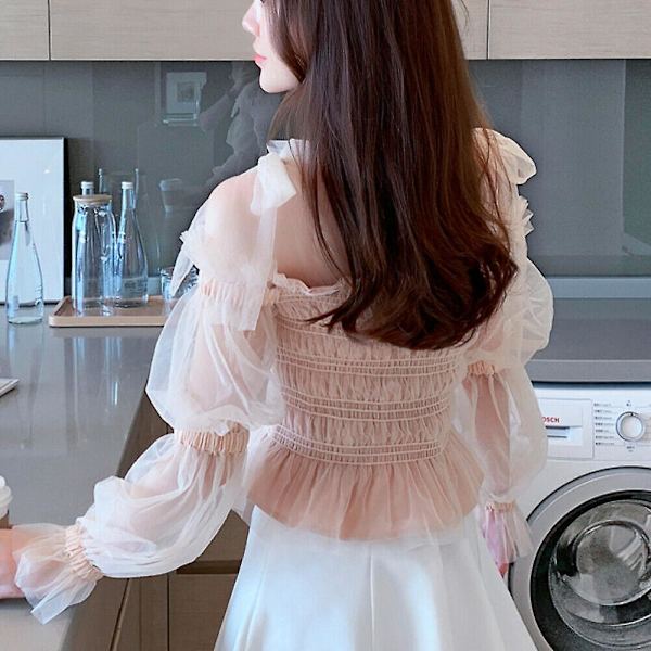 Dame Crop Top Off Shoulder Mesh Skjorte Ruffle Plissert Bluse Fairy Lolita-3 S
