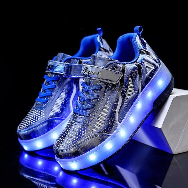 Barn To Hjul Lysende Selvlysende Joggesko Rød Rosa Blå LED Lys Rulleskøyte Sko Barn LED Sko Gutter Jenter USB Lading Q8- blue 34
