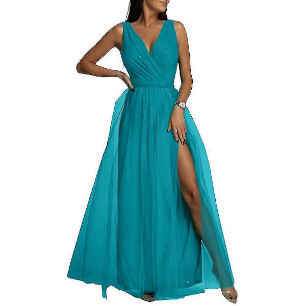 Dame V-hals Brudepige Bryllup Maxikjole Dame Galla Balkjole Aften Cocktailparty Slids Lange Kjoler Blue M